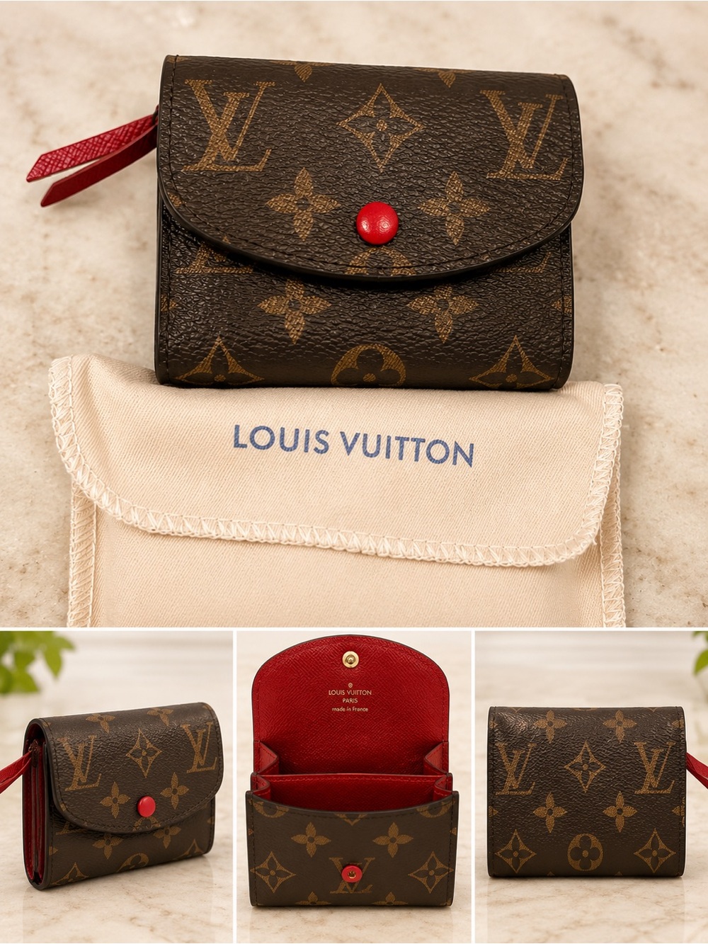Source Unknown Brown Monogram Trifold Wallet with Red Accents